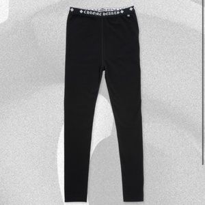 CHROME HEARTS BLACK COTTON LEGGINGS WITH WHITE JACQUARD KNIT ELASTIC WAISTBAND